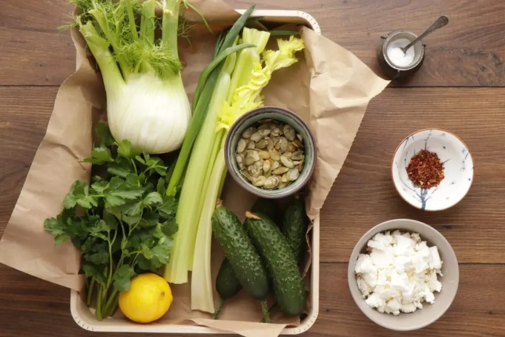 Ingredients for Veggie-Packed Chopped Salad with Feta and Herbs