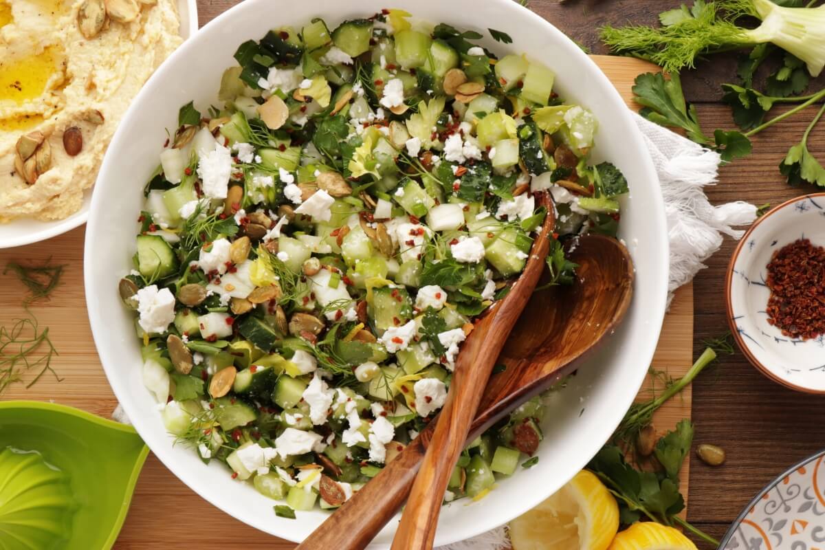 Veggie-Packed Chopped Salad with Feta and Herbs Recipe- Easy Chopped Salad Recipe-Mixed Spring Salad