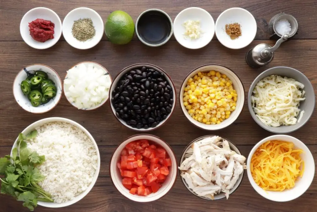 Ingredients for Cheesy Chicken & Black Bean Cauli Rice