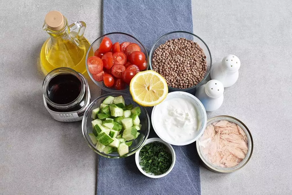 Ingredients for Lentil Greek Salad with Dill Sauce
