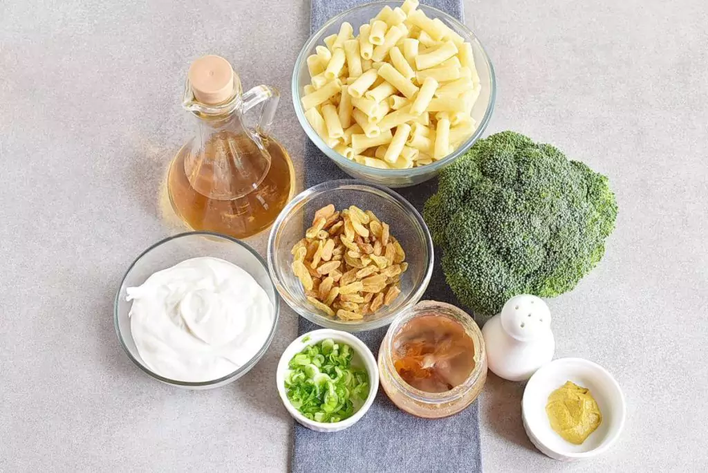 Ingredients for Meal-Prep Creamy Pasta Salad with Broccoli and Raisins
