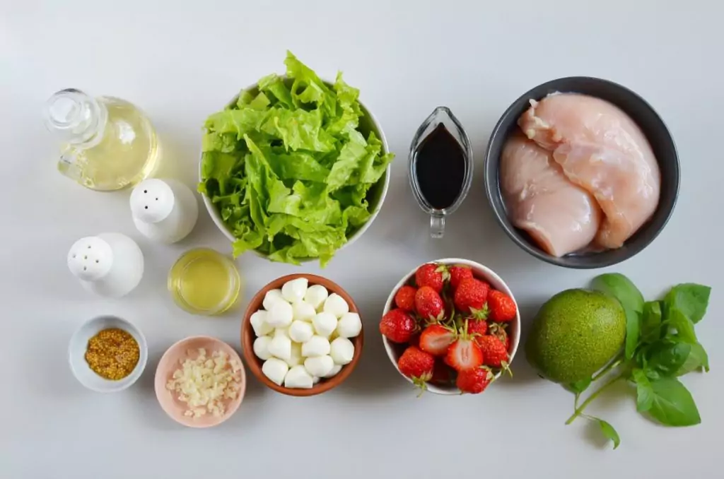 Ingredients for Balsamic Grilled Chicken Strawberry Caprese Salad