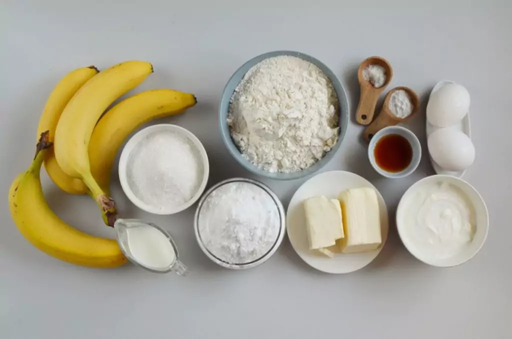 Ingredients for Banana Bread with Brown Butter Frosting