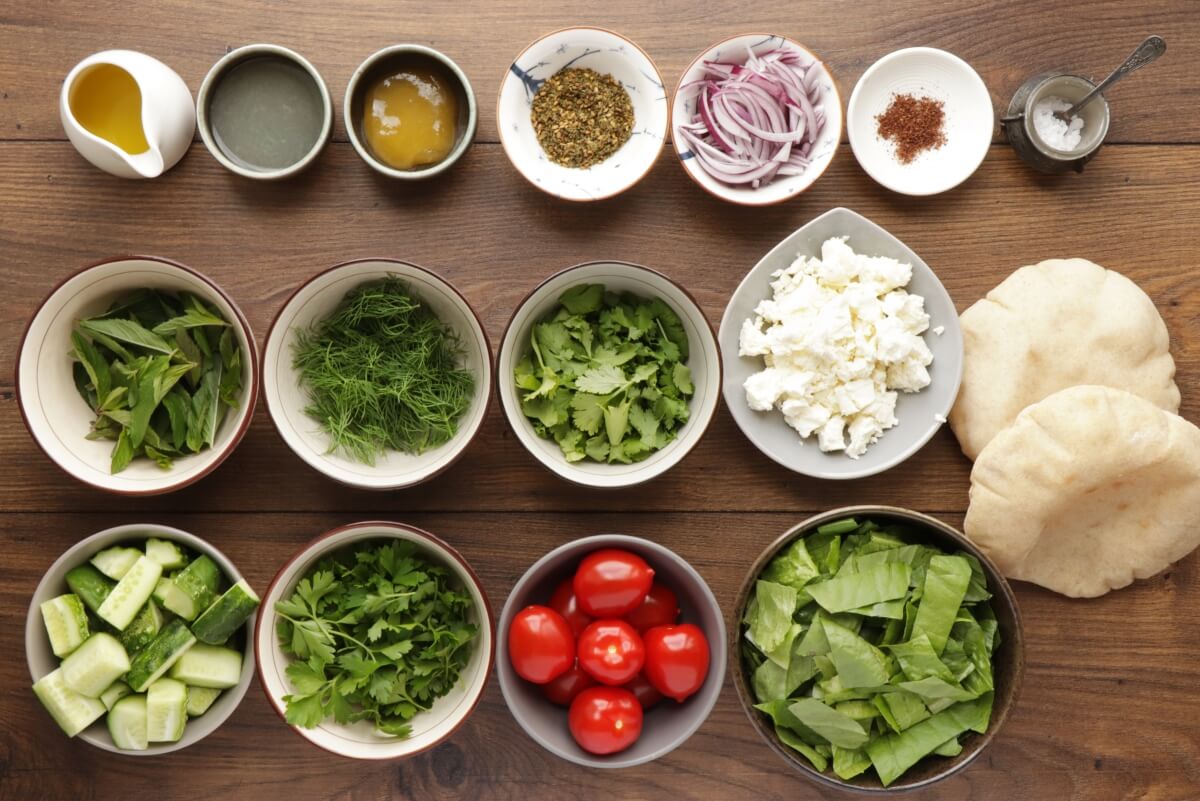 Ingridiens for Fattoush with Queso Fresco