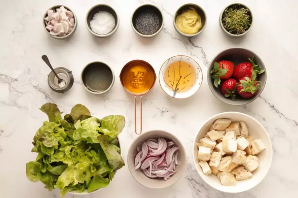 Ingredients for Keto Strawberry Chicken Poppyseed Salad