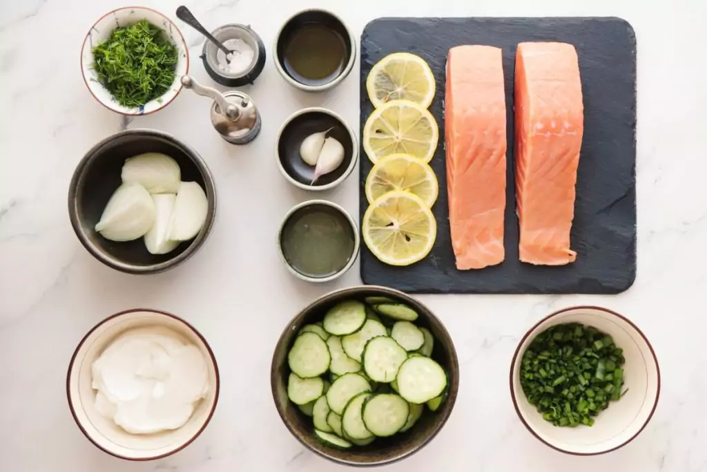 Ingredients for Poached Salmon with Cucumber Yogurt Salad