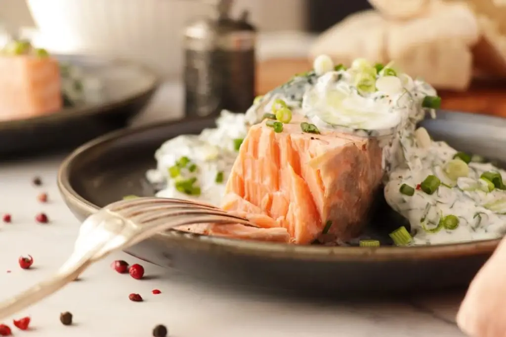 Poached Salmon with Cucumber Yogurt Salad