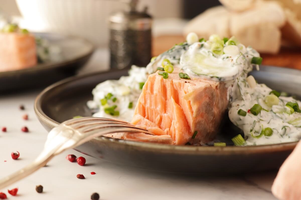 Poached Salmon with Cucumber Yogurt Salad