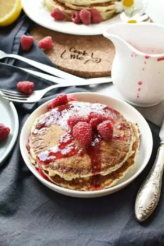 Lemon Pancakes with Raspberry Syrup