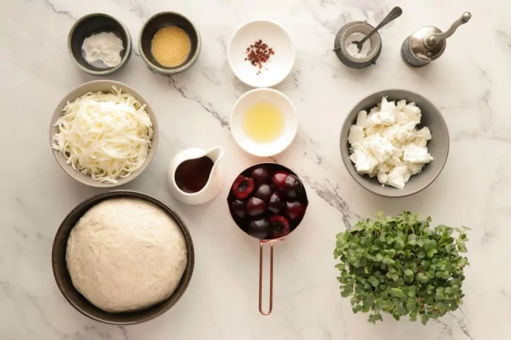 Ingredients for Summer Pizza with Cherries and Feta