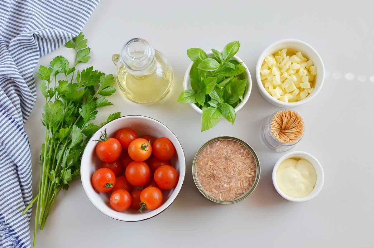 Ingridiens for Tuna Mozzarella Stuffed Cherry Tomatoes