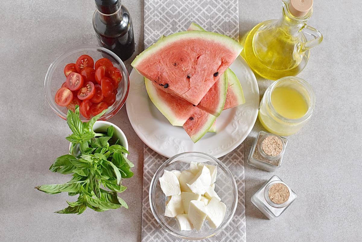 Ingridiens for Honey Grilled Watermelon Caprese Salad