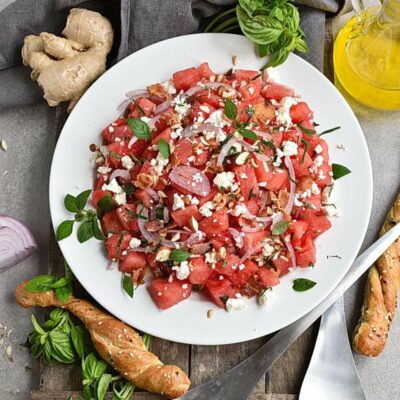 Watermelon Salad with Basil-Ginger Dressing Recipes– Homemade Watermelon Salad with Basil-Ginger Dressing– Easy Watermelon Salad with Basil-Ginger Dressing