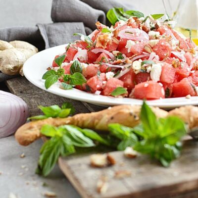 Watermelon Salad with Basil-Ginger Dressing Recipes– Homemade Watermelon Salad with Basil-Ginger Dressing– Easy Watermelon Salad with Basil-Ginger Dressing