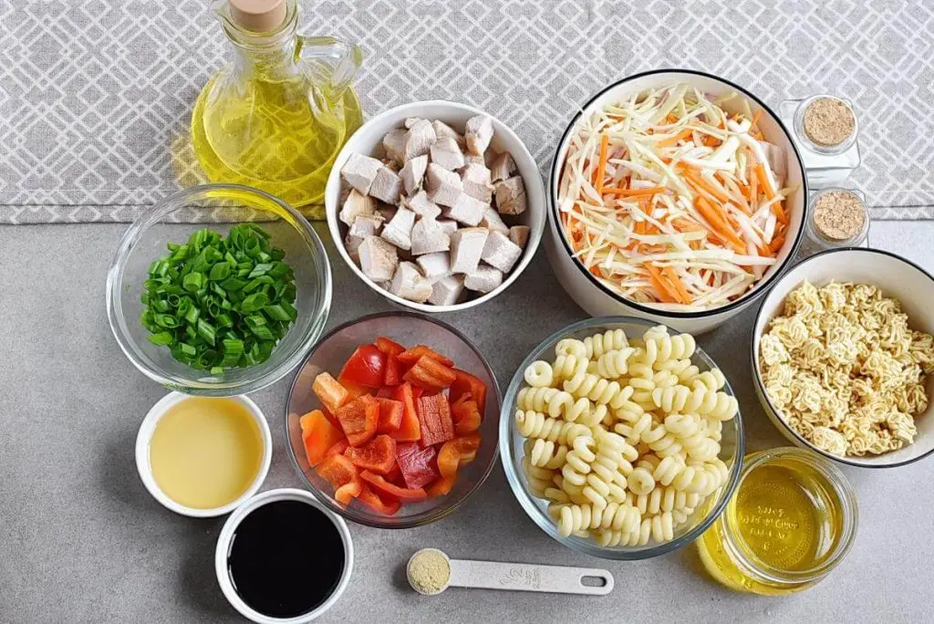 Ingredients for Asian Chicken Crunch Pasta Salad