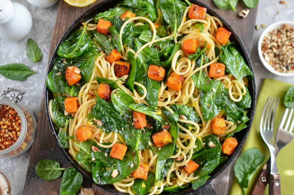 Butternut Squash, Spinach and Walnut Spaghetti