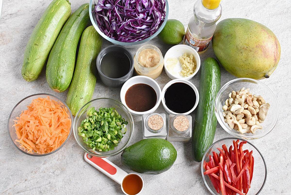 Ingridiens for Rainbow Pad Thai Zoodle Salad