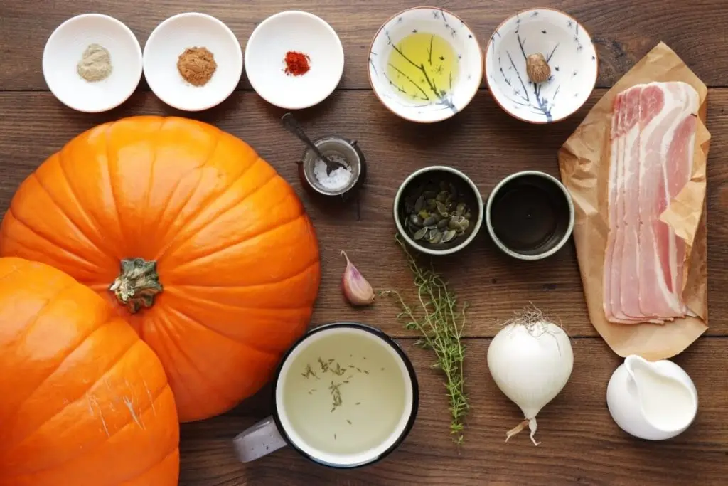 Ingredients for Roasted Pumpkin Soup with Bacon and Thyme