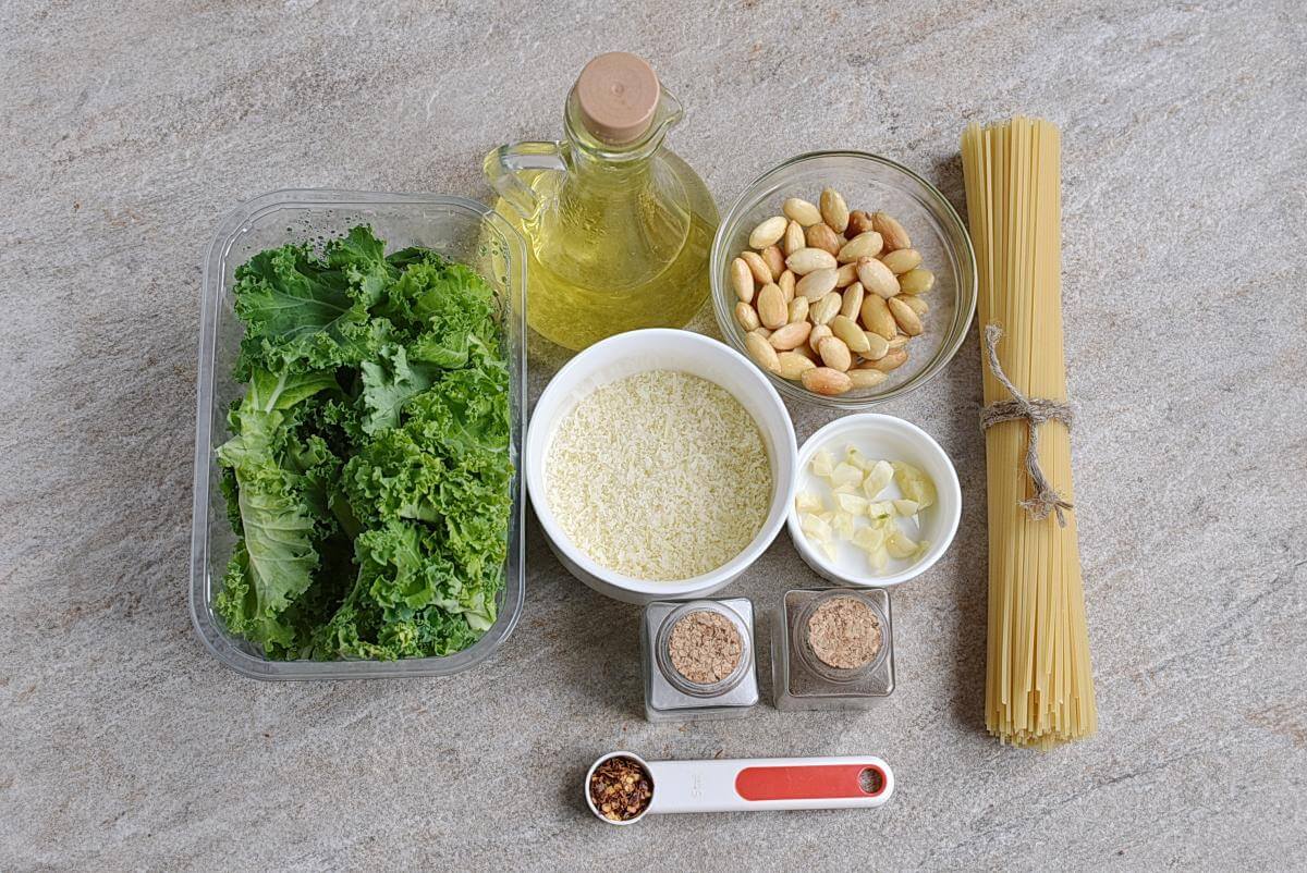 Ingridiens for Kale and Almond Pesto Pasta