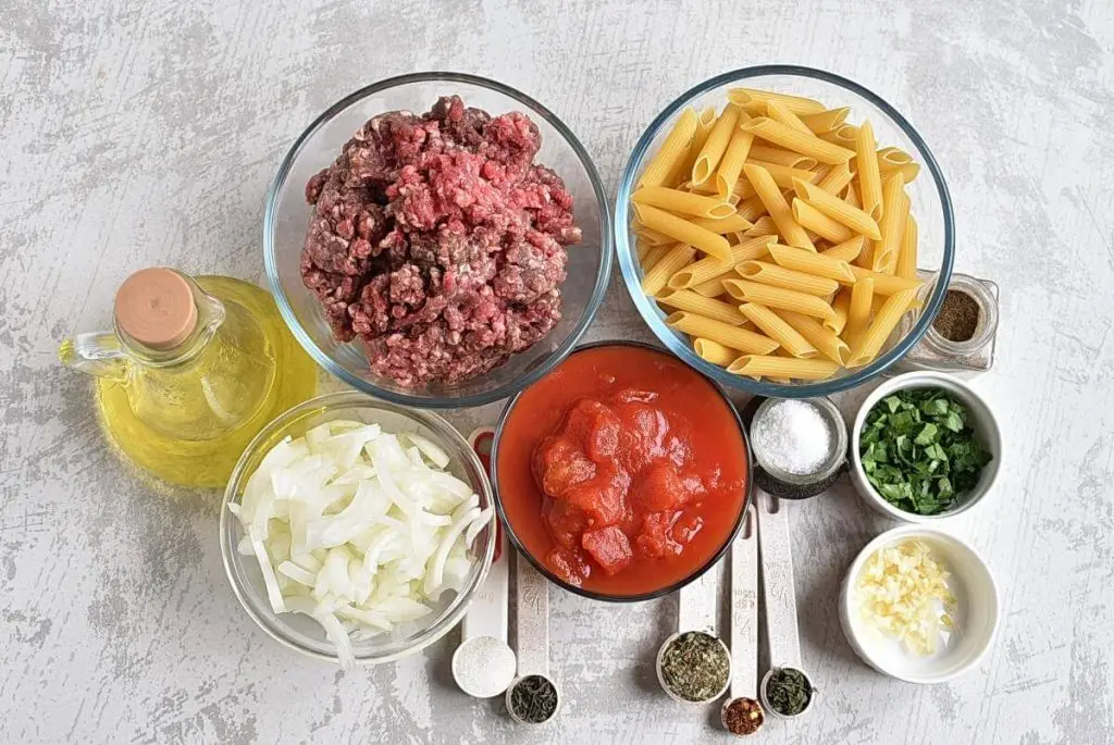 Ingredients for Penne Pasta with Meat Sauce