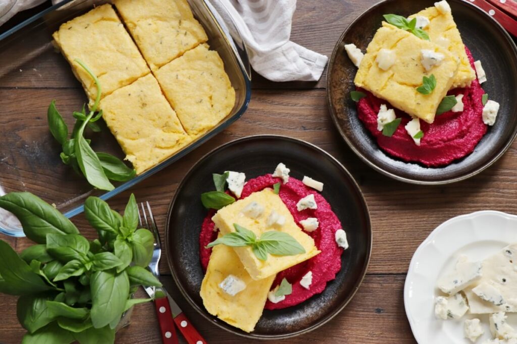 How to serve Baked Polenta Squares with Beet Cream