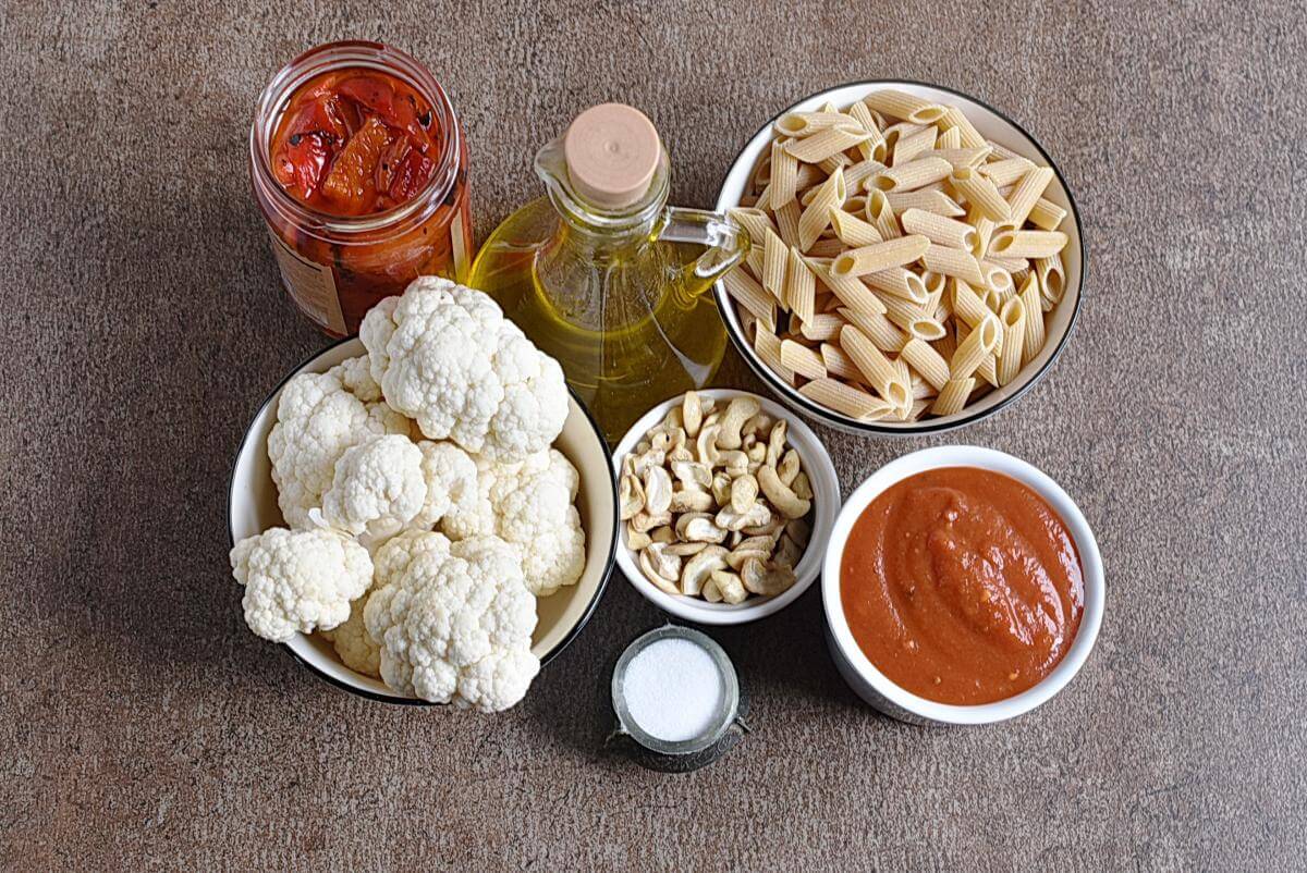Ingridiens for Red Pepper Pasta with Roasted Cauliflower