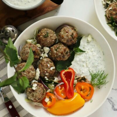 Greek Meatballs with Tzatziki Sauce Recipe-Mediterranean Meatballs with Tzatziki-Baked Meatballs Recipe-Sheet Pan Greek Meatballs and Tzatziki