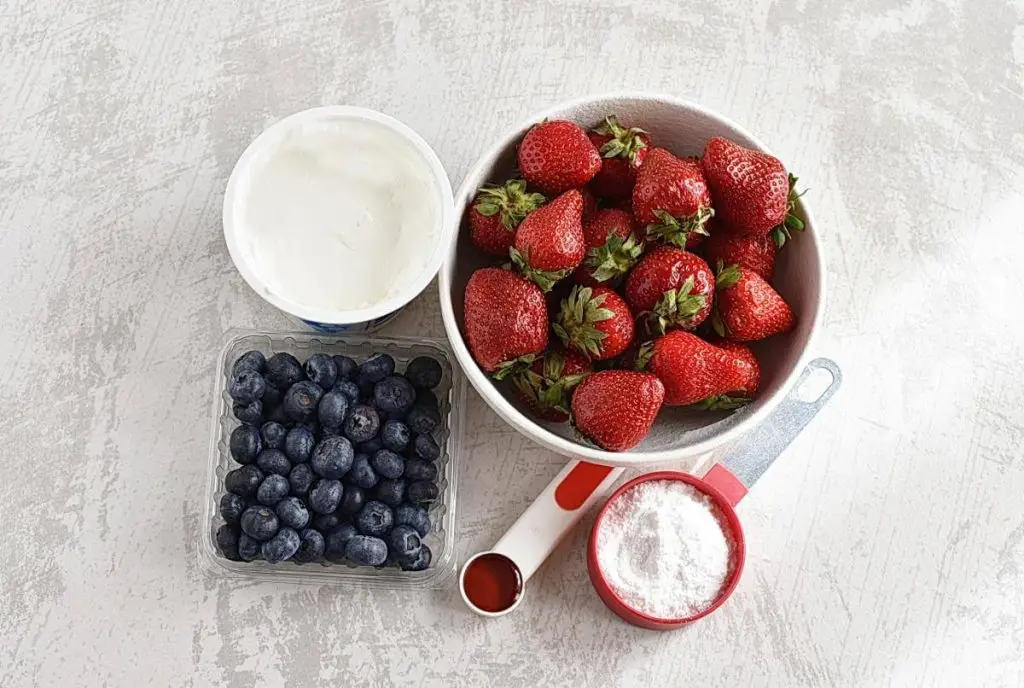 Ingredients for Red White and Blue Cheesecake Stuffed Strawberries