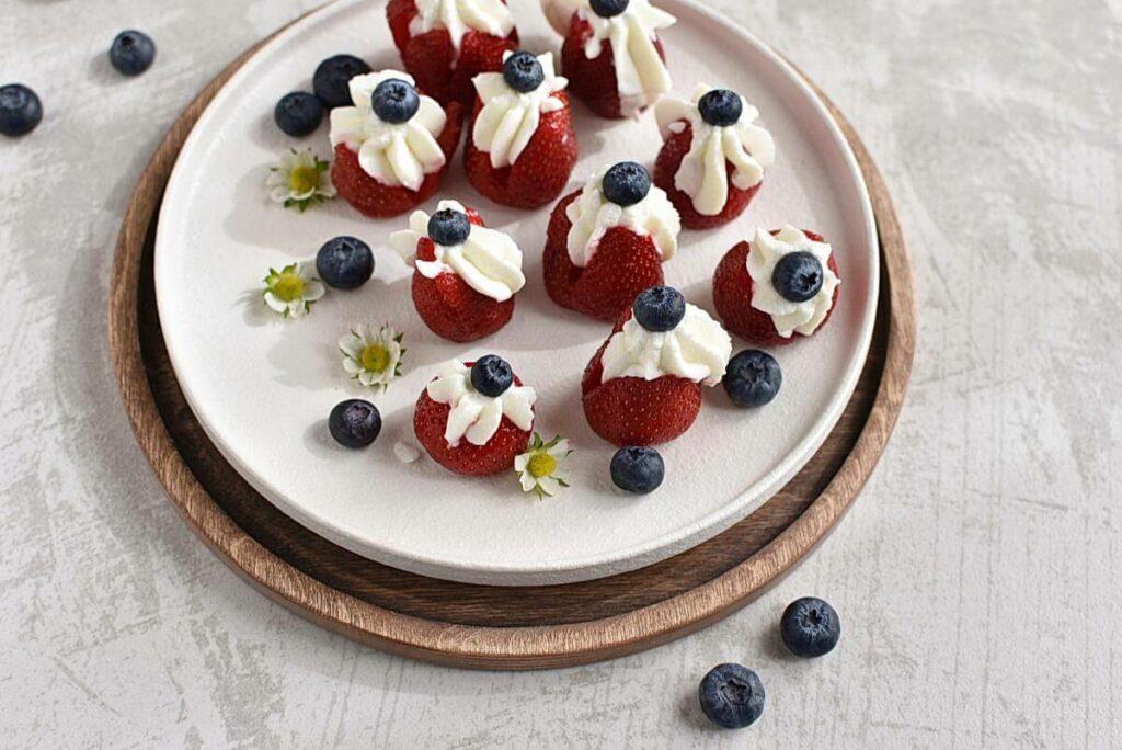 How to serve Red White and Blue Cheesecake Stuffed Strawberries