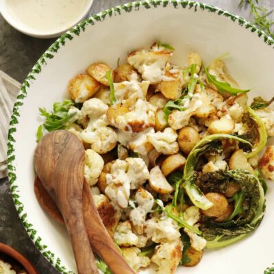 Roasted Cauliflower and Potato Salad Recipe-Potato Salad with Roasted Cauliflower No Mayo-Cauliflower Potato Salad