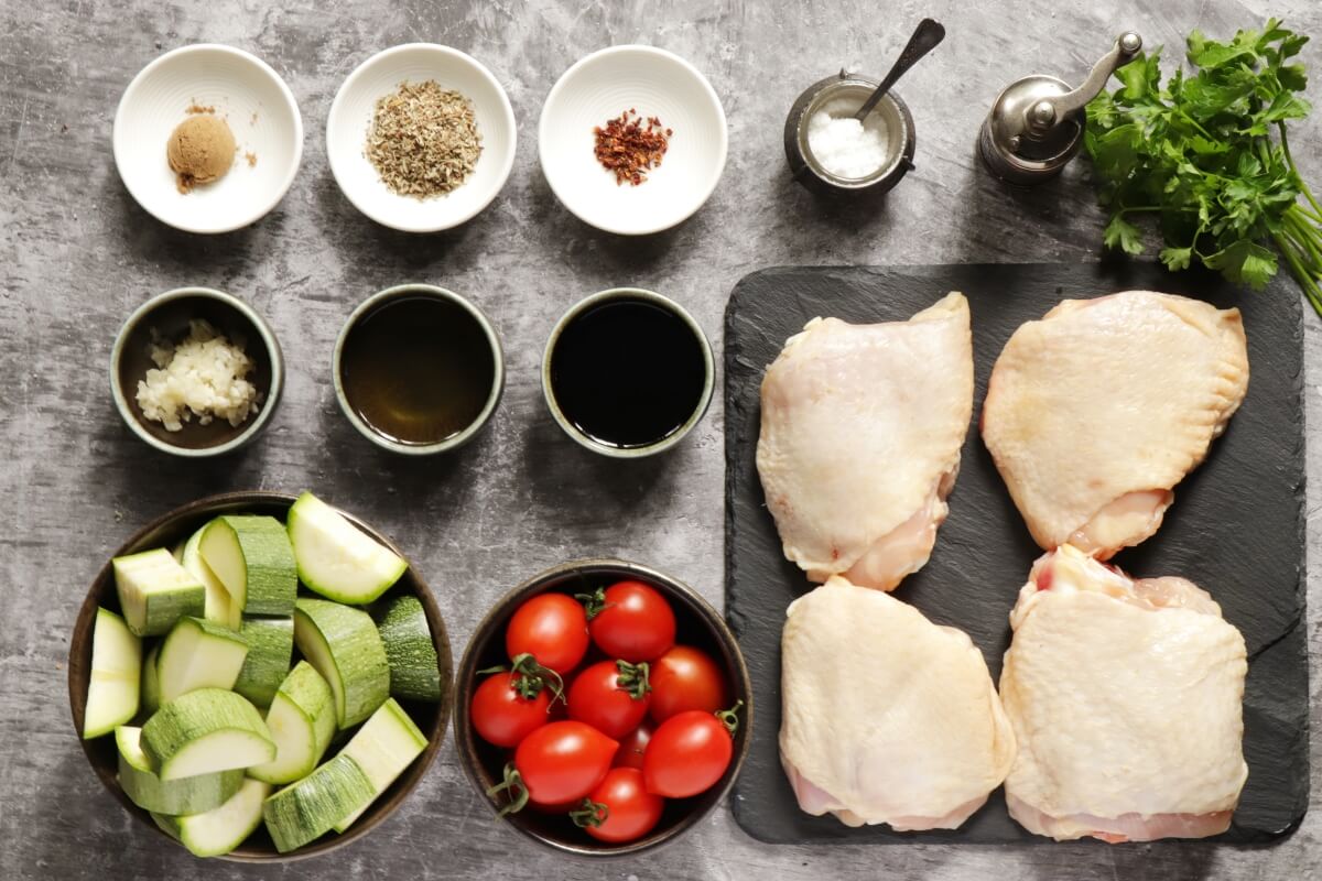 Ingridiens for Sheet Pan Chicken with Zucchini and Tomatoes