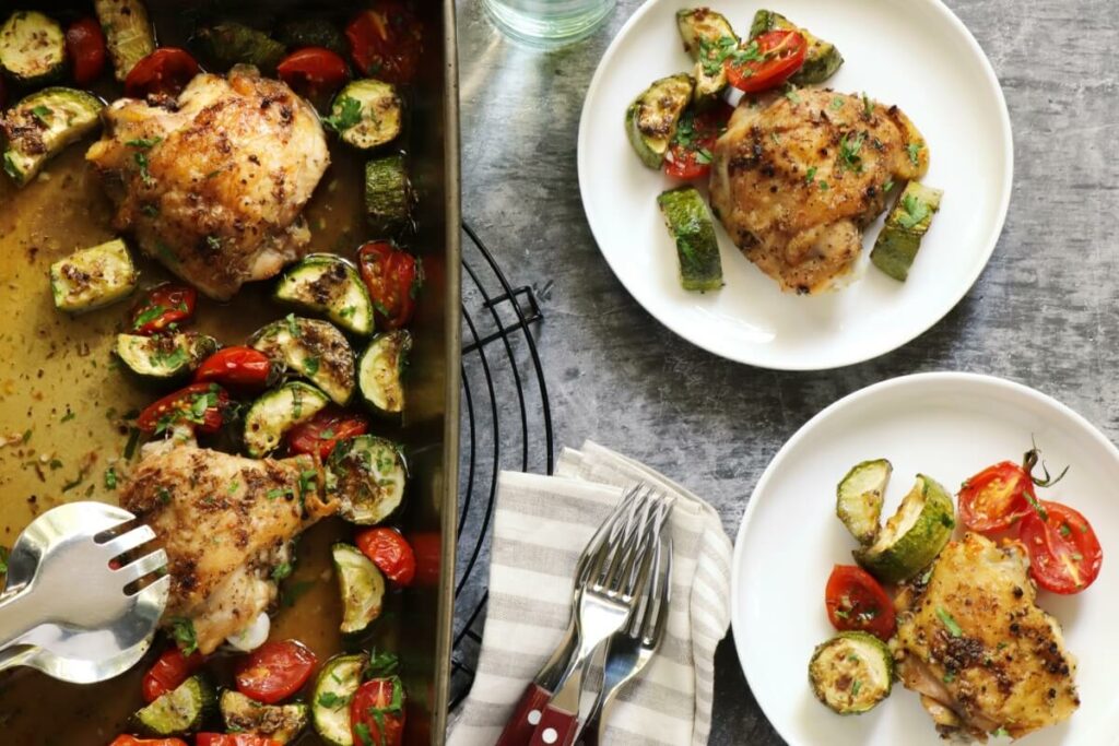 How to serve Sheet Pan Chicken with Zucchini and Tomatoes