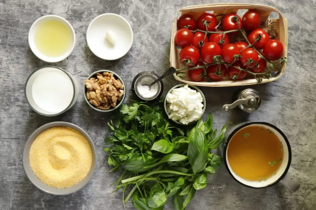 Ingredients for Polenta with Pesto and Roasted Tomatoes