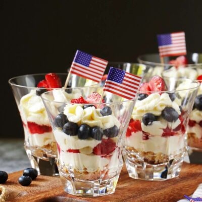 Red, White and Blue, No-Bake Cheesecake Trifle Recipe-Patriotic Berry Trifle-Patriotic No-Bake Cheesecake Trifle