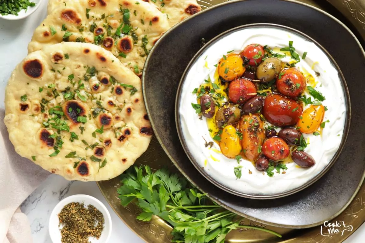 Whipped Labneh Dip Recipe-Whipped Labneh Dip with Cherry Tomatoes and Olives-Labneh Dip-Summer Dip Recipe