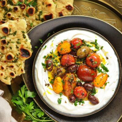Whipped Labneh Dip Recipe-Whipped Labneh Dip with Cherry Tomatoes and Olives-Labneh Dip-Summer Dip Recipe