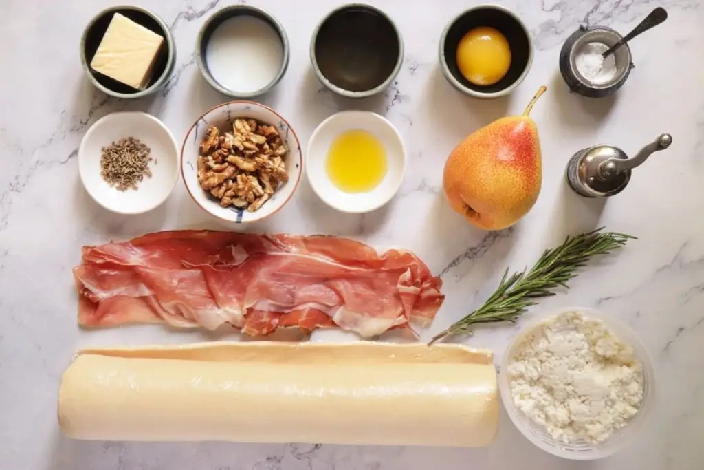 Ingredients for Pear & Prosciutto Ricotta Tart