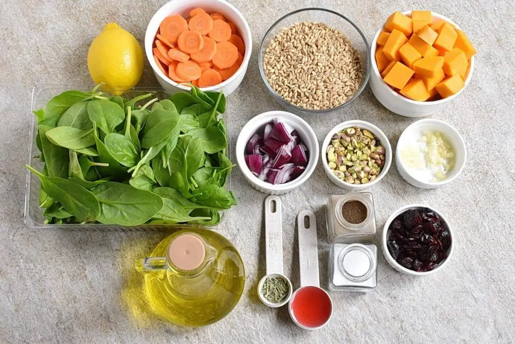 Ingredients for Warm Farro Salad with Roasted Root Vegetables