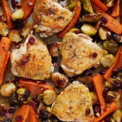 Maple-Roasted Chicken Thighs Recipe-Maple Roasted Chicken-Sheet Pan Chicken Dinner-Roasted Chicken Thighs with Sweet Potatoes and Brussels Sprouts