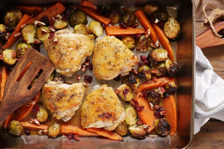 Maple Roasted Chicken Thighs Recipe Cook Me Recipes   Maple Roasted Chicken Thighs Recipe Maple Roasted Chicken Sheet Pan Chicken Dinner Roasted Chicken Thighs With Sweet Potatoes And Brussels Sprouts 8 768x512 