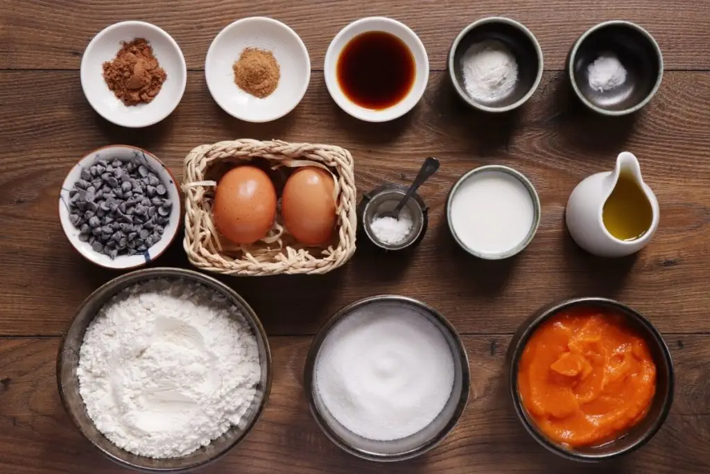 Ingredients for Pumpkin Chocolate Chip Muffins