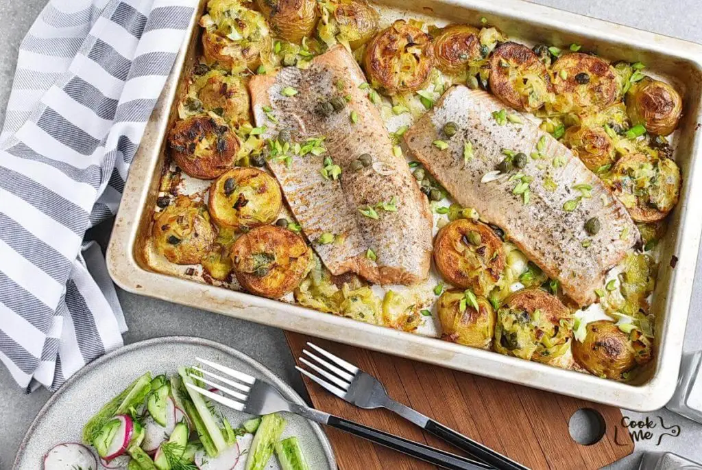 Sheet-Pan Creamy Salmon, Leeks and Potatoes