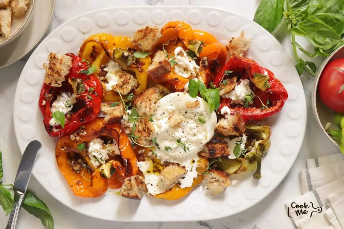 Roasted Bell Peppers with Burrata Recipe-Grilled Bell Peppers with Burrata-Roasted Pepper and Burrata Salad-Oven Roasted Bell Peppers