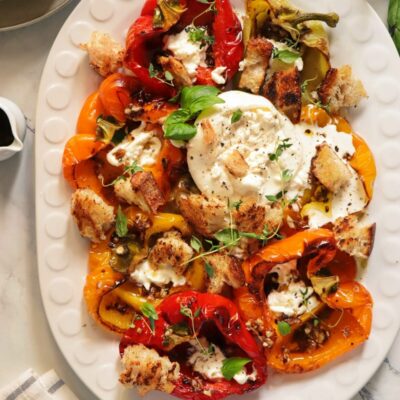 Roasted Bell Peppers with Burrata Recipe-Grilled Bell Peppers with Burrata-Roasted Pepper and Burrata Salad-Oven Roasted Bell Peppers