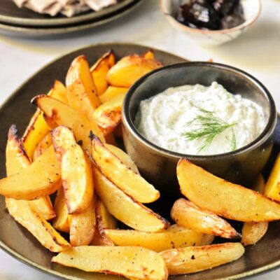 Roasted Greek Lemon Potatoes Recipe-Greek Lemon Potatoes-Greek Style Lemon Roasted Potatoes-Roasted Potatoes with Tzatziki Sauce-Mediterranean Potatoes
