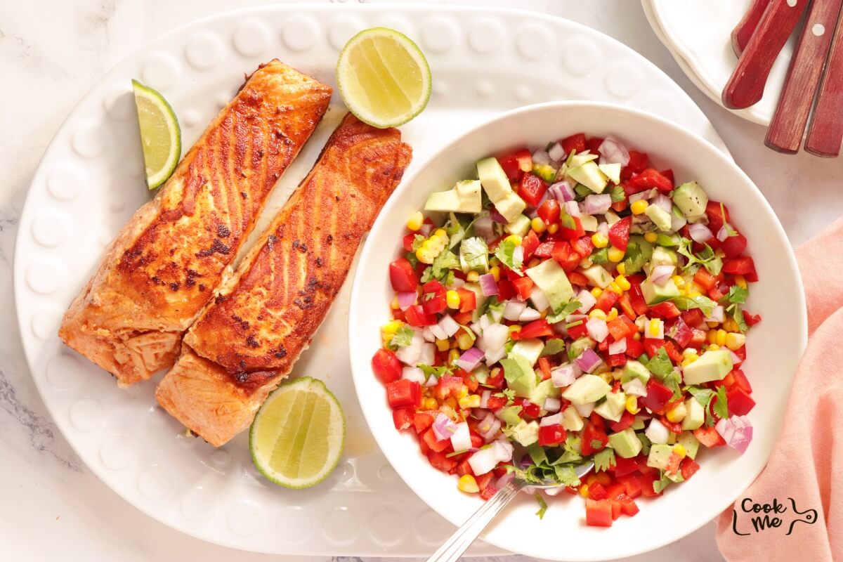 Salmon with Corn and Pepper Salsa Recipe-Recipes with Salmon-Salmon Recipe Pan Seared-Corn Salsa with Salmon-Pan Seared Salmon Fillet Recipe