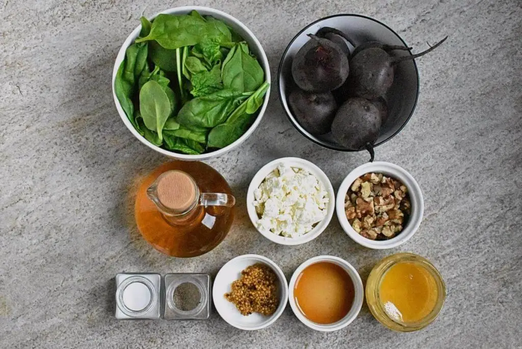 Ingredients for Spinach Salad with Goat Cheese and Beets