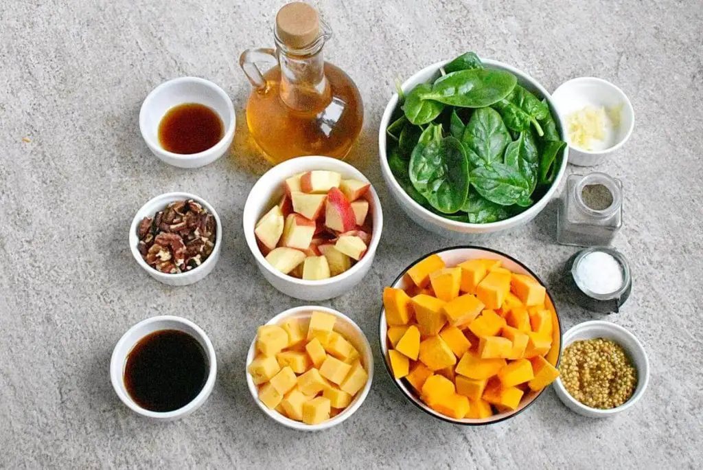 Ingredients for Chopped Salad with Spinach, Butternut Squash and Apples