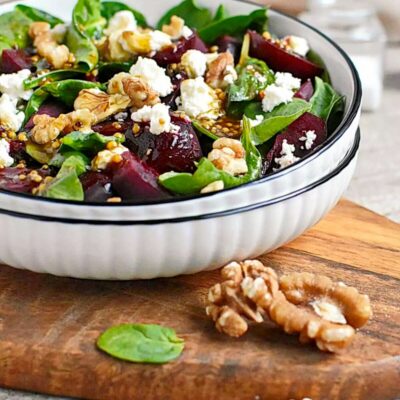 Spinach Salad with Goat Cheese and Beets Recipe-Beetroot Spinach Goat's Cheese Salad-Beets and Goat Cheese on a Bed of Spinach