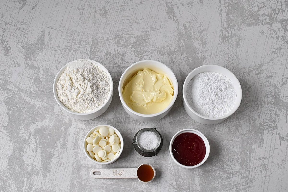 Ingredients for Raspberry and White Chocolate Shortbread Cookies